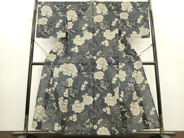 平和屋着物∴夏物　浴衣　綿絽　籬牡丹花文　黒地　綿　逸品　DABI3024cd