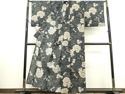 平和屋着物∴夏物　浴衣　綿絽　籬牡丹花文　黒地　綿　逸品　DABI3024cd