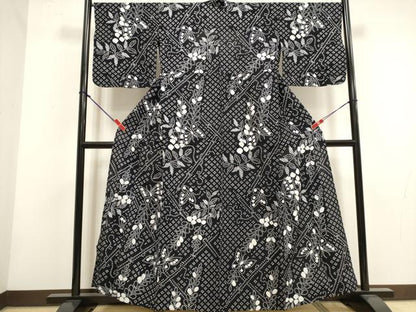 平和屋着物∴夏物　浴衣　有松鳴海絞り　花蝶文　黒地　綿　逸品　DABI3037cd