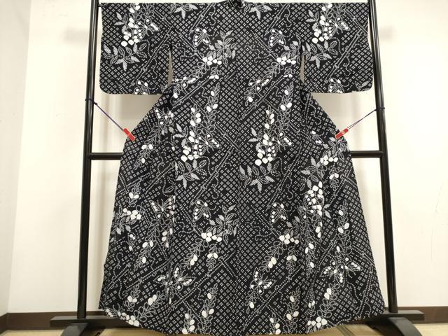 平和屋着物∴夏物　浴衣　有松鳴海絞り　花蝶文　黒地　綿　逸品　DABI3037cd