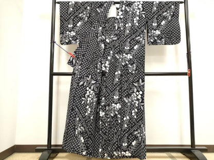 平和屋着物∴夏物　浴衣　有松鳴海絞り　花蝶文　黒地　綿　逸品　DABI3037cd