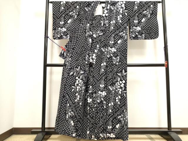 平和屋着物∴夏物　浴衣　有松鳴海絞り　花蝶文　黒地　綿　逸品　DABI3037cd