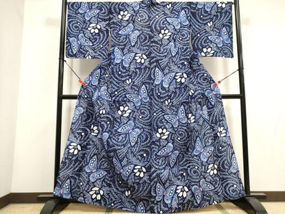 平和屋着物∴夏物　浴衣　有松鳴海絞り　流水花蝶文　綿　逸品　DABI3039cd