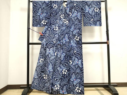 平和屋着物∴夏物　浴衣　有松鳴海絞り　流水花蝶文　綿　逸品　DABI3039cd