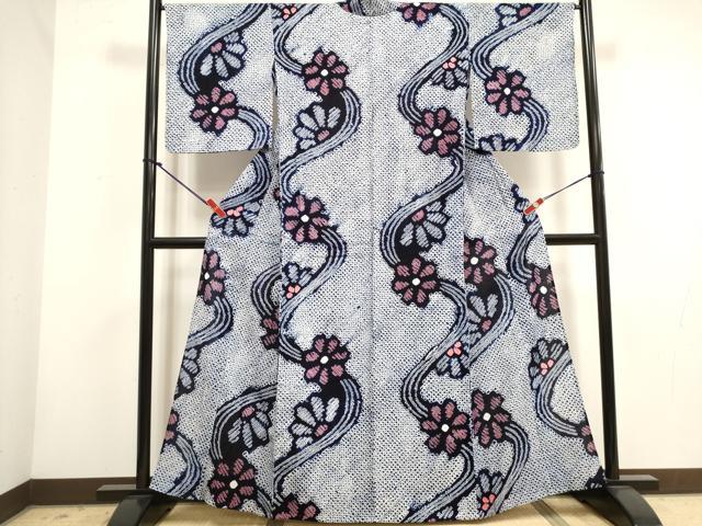 平和屋着物∴夏物　浴衣　有松鳴海絞り　流水花文　綿　逸品　DABI3058cd