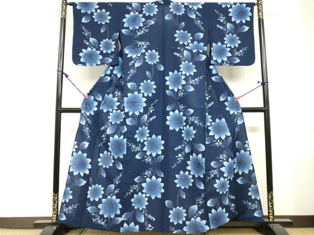 平和屋着物∴夏物　浴衣　注染　手縫い　草花文　綿　逸品　DABI3078cd