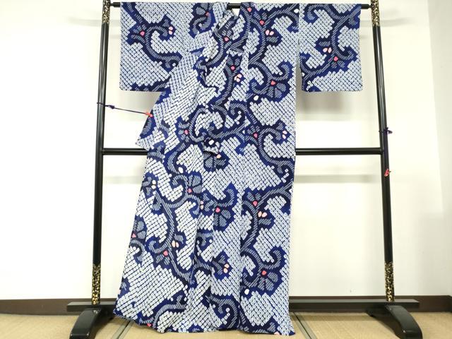 平和屋着物∴夏物　浴衣　有松鳴海絞り　唐草文　綿　逸品　DABI3083cd