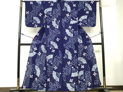 平和屋着物∴夏物　浴衣　有松鳴海絞り　扇面花文　綿　逸品　DABI3095cd