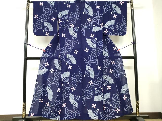 平和屋着物∴夏物　浴衣　有松鳴海絞り　扇面花文　綿　逸品　DABI3095cd