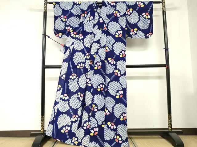 平和屋着物∴夏物　浴衣　有松鳴海絞り　団扇　綿　逸品　DABI3140cd