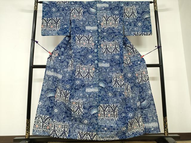 平和屋着物∴夏物　浴衣　綿絽　注染　更紗花文　綿　逸品　DABI3149cd