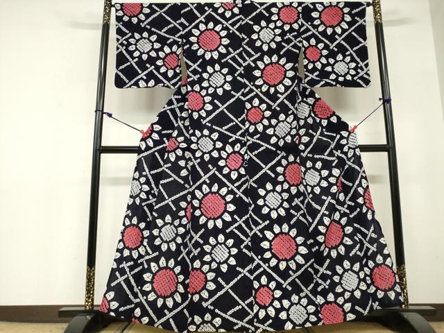 平和屋着物∴夏物　浴衣　有松鳴海絞り　草花文　向日葵　ひまわり　綿　逸品　DABI3165cd