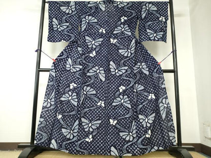 平和屋着物∴夏物　浴衣　有松鳴海絞り　流水舞蝶文　綿　逸品　DABI3182cd