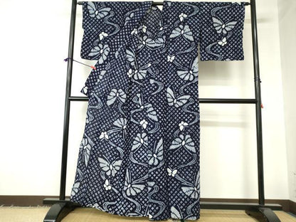 平和屋着物∴夏物　浴衣　有松鳴海絞り　流水舞蝶文　綿　逸品　DABI3182cd