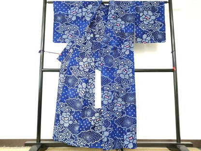 平和屋着物∴夏物　浴衣　有松鳴海絞り　雲取り花文　綿　逸品　DABI3192cd