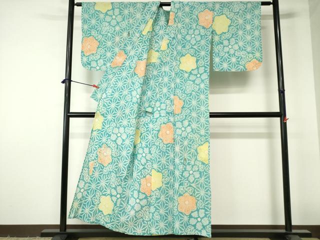平和屋着物∴夏物　浴衣　有松鳴海絞り　麻の葉花文　綿　逸品　DABI3205cd
