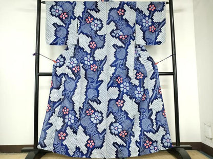 平和屋着物∴夏物　浴衣　有松鳴海絞り　団扇花文　綿　逸品　DABI3219cd