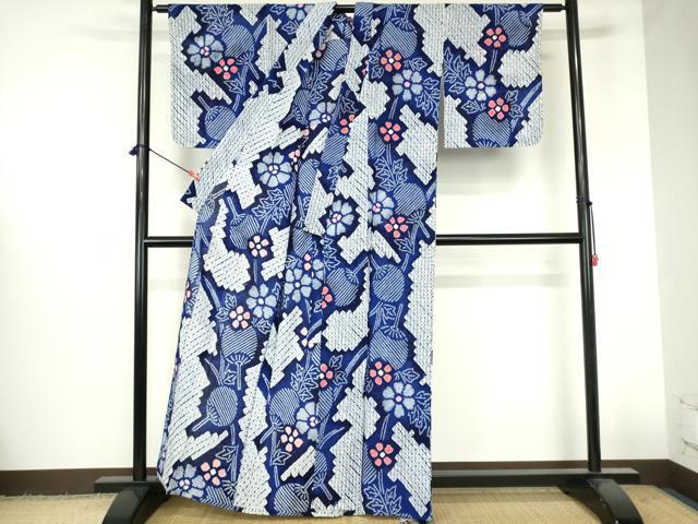 平和屋着物∴夏物　浴衣　有松鳴海絞り　団扇花文　綿　逸品　DABI3219cd