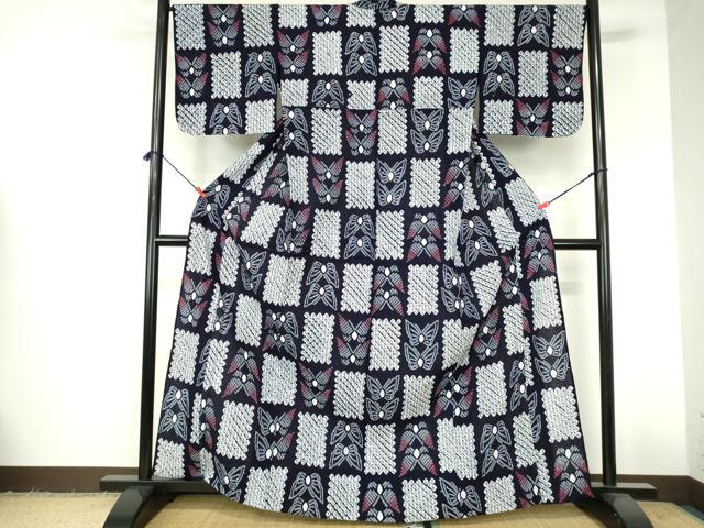 平和屋着物∴夏物　浴衣　有松鳴海絞り　市松舞蝶文　綿　逸品　DABI3220cd