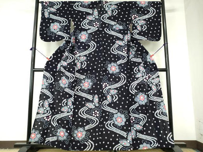 平和屋着物∴夏物　浴衣　有松鳴海絞り　流水花蝶文　綿　逸品　DABI3240qa