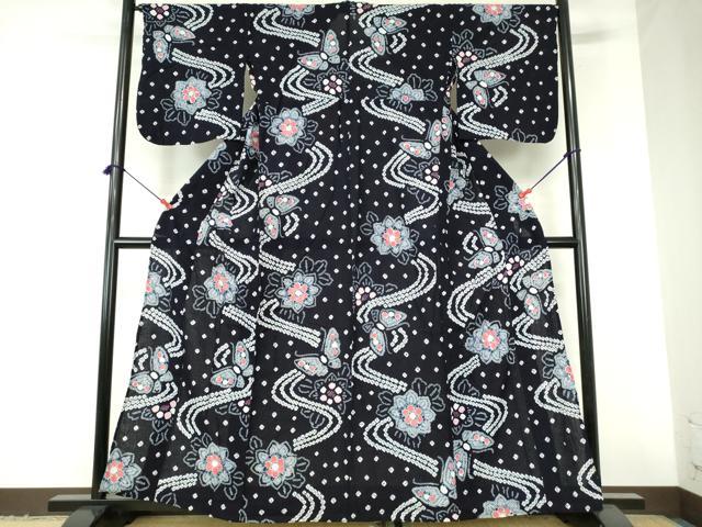 平和屋着物∴夏物　浴衣　有松鳴海絞り　流水花蝶文　綿　逸品　DABI3240qa