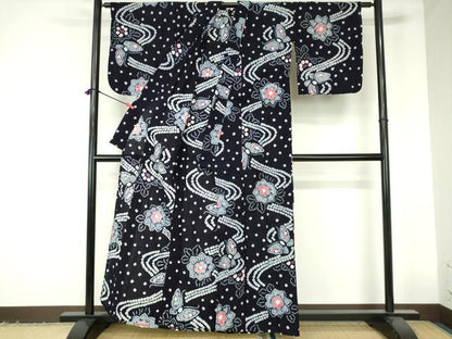 平和屋着物∴夏物　浴衣　有松鳴海絞り　流水花蝶文　綿　逸品　DABI3240qa