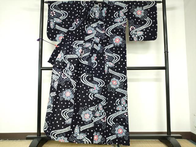 平和屋着物∴夏物　浴衣　有松鳴海絞り　流水花蝶文　綿　逸品　DABI3240qa