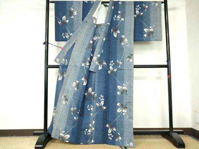 平和屋着物∴夏物　浴衣　注染　手縫い　枝葉文　綿　逸品　DABI3274cd