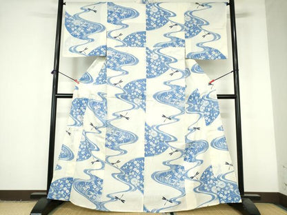 平和屋着物∴夏物　綿紅梅　浴衣　手縫い　流水花蝶文　トンボ　綿　逸品　DABI3284cd