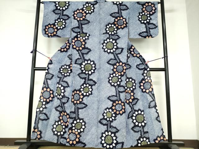 平和屋着物∴夏物　浴衣　有松鳴海絞り　草花文　向日葵　ひまわり　綿　逸品　DABI3287cd