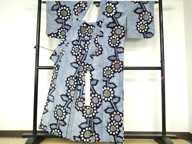 平和屋着物∴夏物　浴衣　有松鳴海絞り　草花文　向日葵　ひまわり　綿　逸品　DABI3287cd