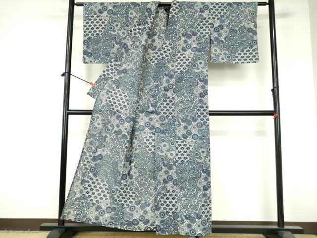 平和屋着物∴夏物　浴衣　綿絽　注染　手縫い　切嵌花文　綿　逸品　DABI3293cd