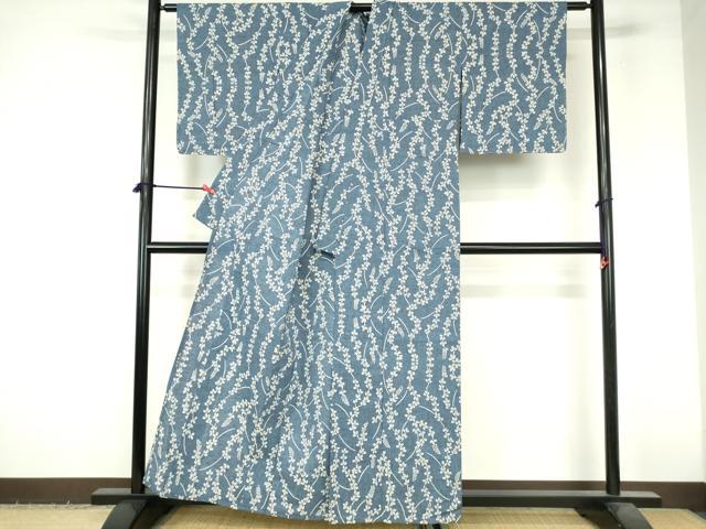 平和屋着物∴夏物　浴衣　注染　手縫い　草葉文　萩　綿　逸品　未使用　DABI3303cd