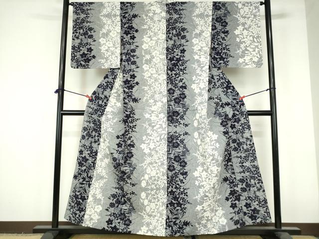 平和屋着物∴夏物　浴衣　注染　手縫い　秋草間道　綿　逸品　DABI3306cd