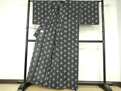 平和屋着物∴夏物　小紋・浴衣兼用　手縫い　麻の葉文様　綿麻　逸品　DABI3309cd