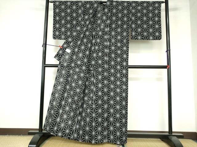 平和屋着物∴夏物　小紋・浴衣兼用　手縫い　麻の葉文様　綿麻　逸品　DABI3309cd