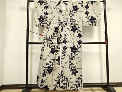 平和屋着物∴夏物　浴衣　型染め　注染　手縫い　草花文　桔梗　綿　逸品　DABI3436cd
