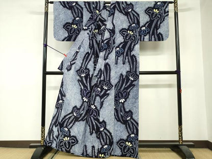 平和屋着物∴夏物　浴衣　有松鳴海絞り　草花文　菖蒲　綿　逸品　DABI3472cd