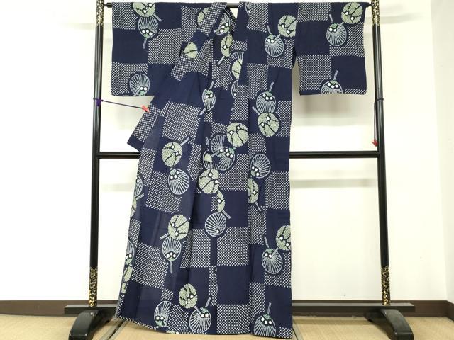 平和屋着物∴夏物　浴衣　有松鳴海絞り　団扇　綿　逸品　DABI3474cd