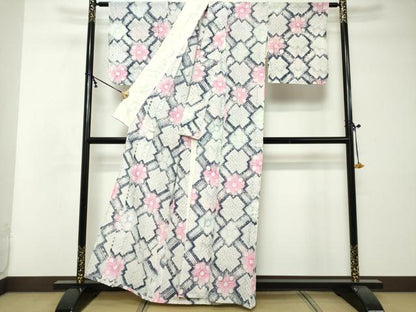 平和屋着物∴夏物　浴衣　有松鳴海絞り　幾何学花文　綿　逸品　DABI3513cd