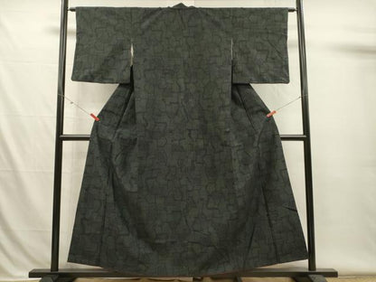 平和屋着物■上質な紬　幾何学文　黒地　正絹　逸品　DABI3522ya