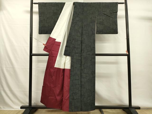 平和屋着物■上質な紬　幾何学文　黒地　正絹　逸品　DABI3522ya