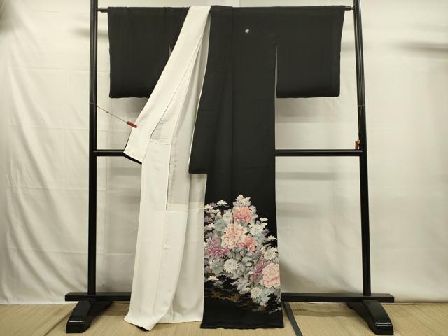 平和屋着物■豪華黒留袖　刺繍　牡丹　金彩　正絹　逸品　DABI3551ya