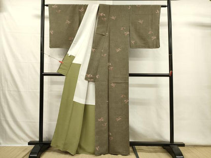 平和屋着物■小紋　笹の葉花文　洗える着物　未使用　DABI3556ya