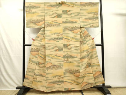平和屋着物■上質な小紋　人物風景文　暈し染め　お召縮緬　正絹　逸品　DABI3567ya