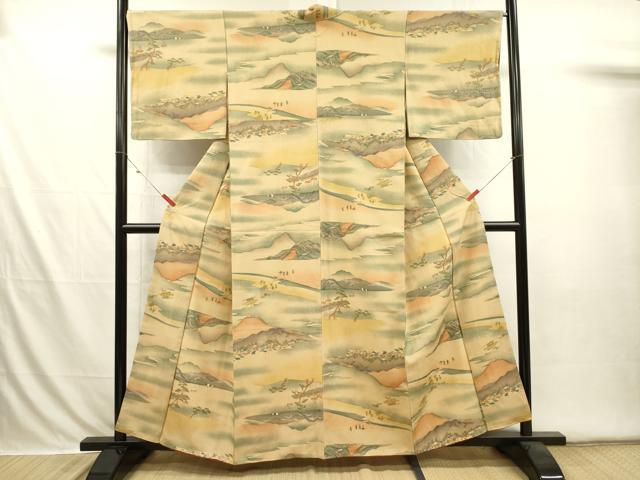 平和屋着物■上質な小紋　人物風景文　暈し染め　お召縮緬　正絹　逸品　DABI3567ya