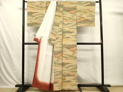 平和屋着物■上質な小紋　人物風景文　暈し染め　お召縮緬　正絹　逸品　DABI3567ya