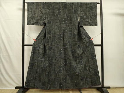 平和屋着物■上質な紬　抽象花文　黒地　正絹　逸品　DABI3587ya