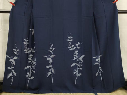 平和屋着物■訪問着　藍　草花文　正絹　逸品　DABI3589ya