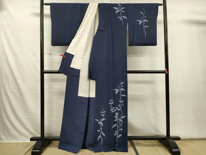 平和屋着物■訪問着　藍　草花文　正絹　逸品　DABI3589ya
